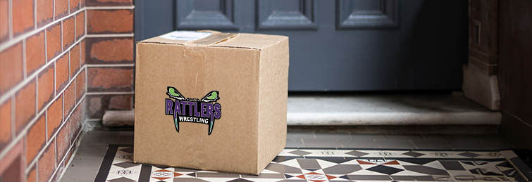 Cardboard box with a logo on a doorstep
